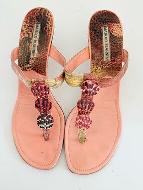 Manolo Blahnik Vintage Snakeskin Shell Sandals Kitten Heel Pink Multi EU 40.5